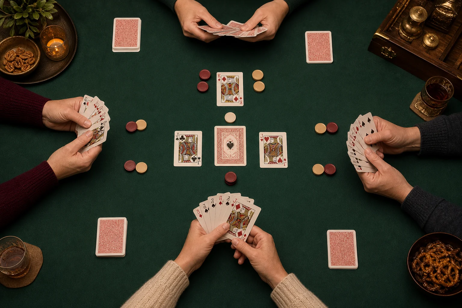 Four-player Pinochle table with bidding chips and trump area