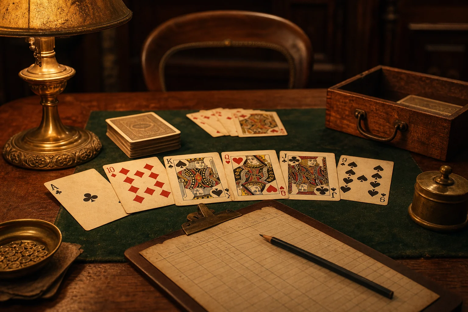 Vintage Pinochle cards and score pencil on a warm wooden card table