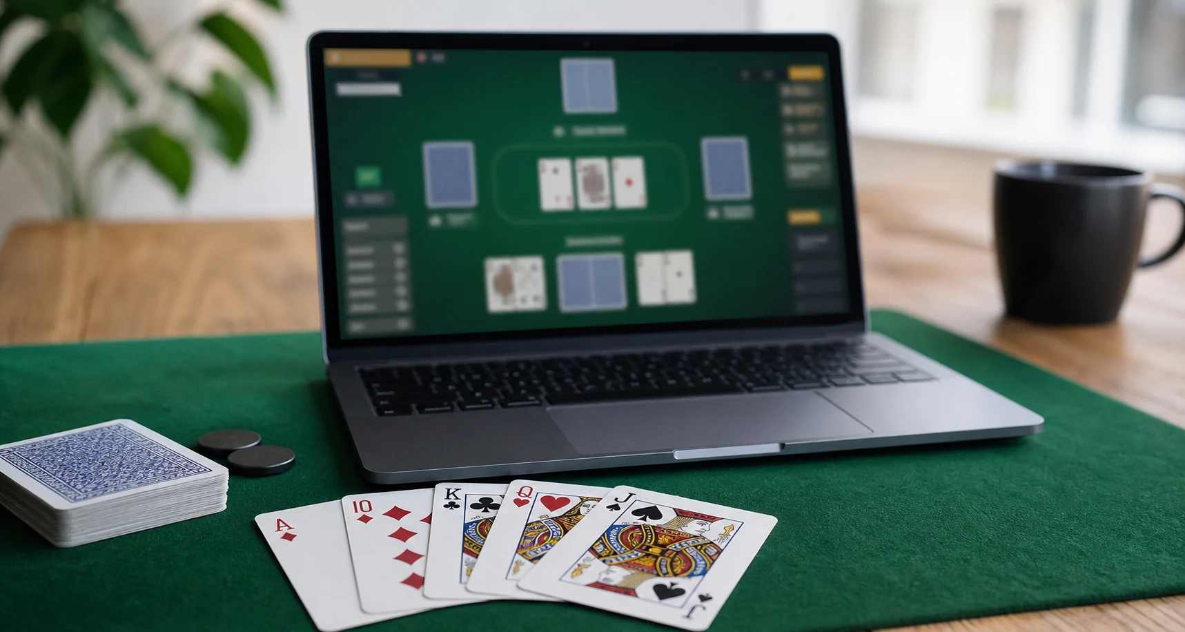 Laptop browser table with Pinochle cards arranged for online play