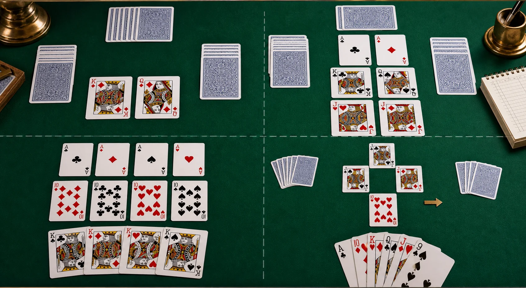 Pinochle cards arranged to explain deal, meld, trump, and trick play