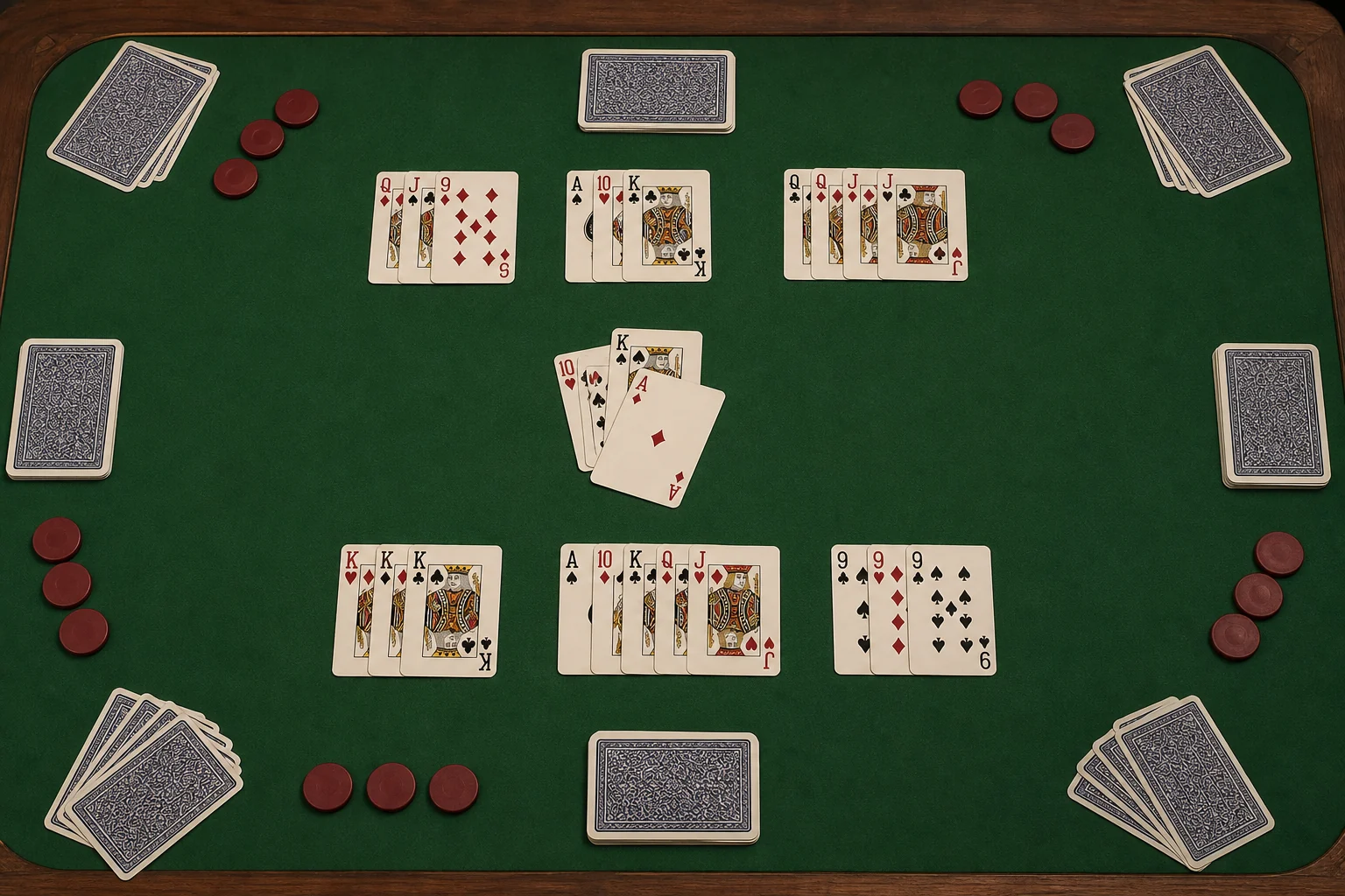 Pinochle table with meld rows, trick pile, and score chips